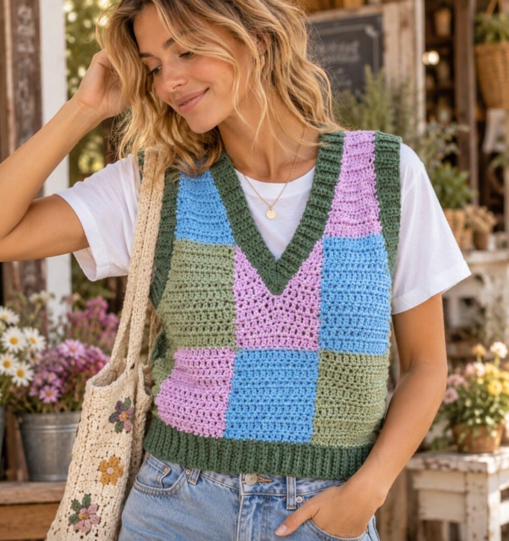 Handmade Crochet Sweater Vest Patchwork Granny Square Boho 70s Indie Festival